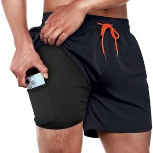 Men's navy blue Swim Shorts with Orange Drawstring
